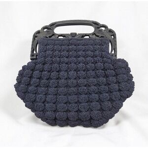 Vintage Art Deco Style Navy Blue Popcorn Knit Handbag W/ Ornate Celluloid Handle